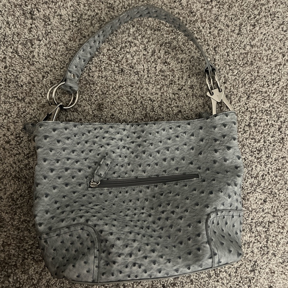 Gray Textured Shoulder Bag with Metallic Hardware